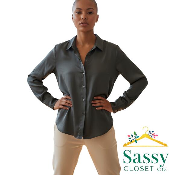 Banana Republic Deep Green Blouse Button Up Long Sleeve Career Smart Size L EUC - Picture 1 of 5